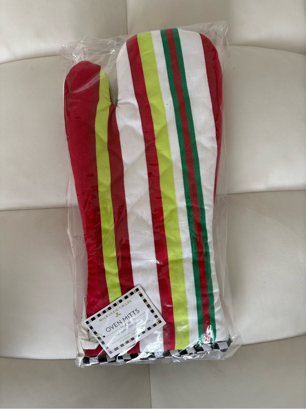 MacKenzie-Childs Two Red, Green & White Striped Oven Mitts